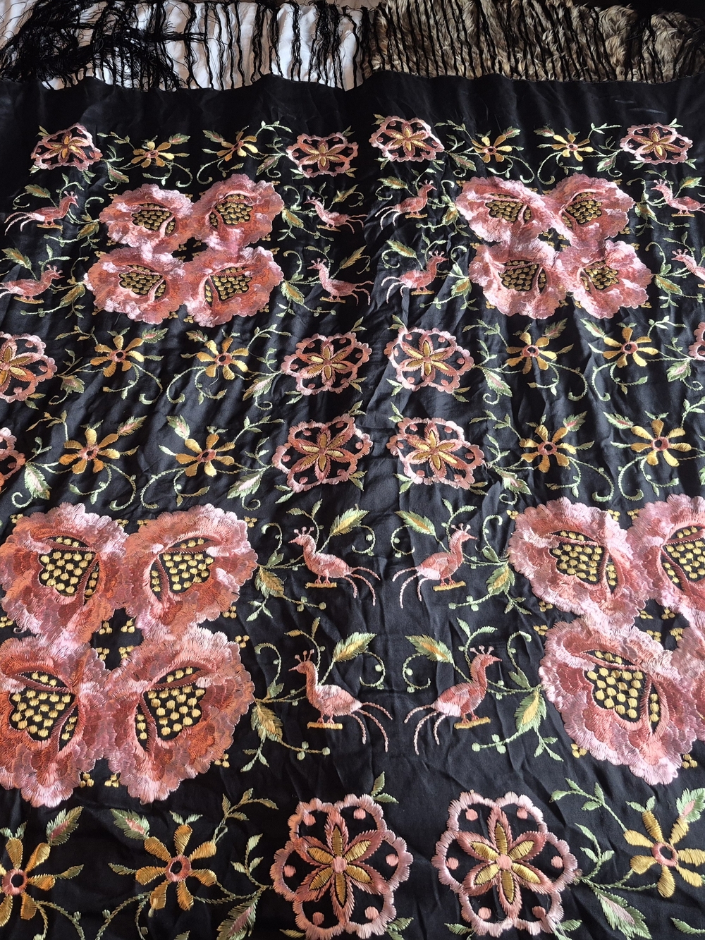 Large Black Floral Embroidered Fringe Silk Piano Shawl 4x4 - Picture 14 of 15